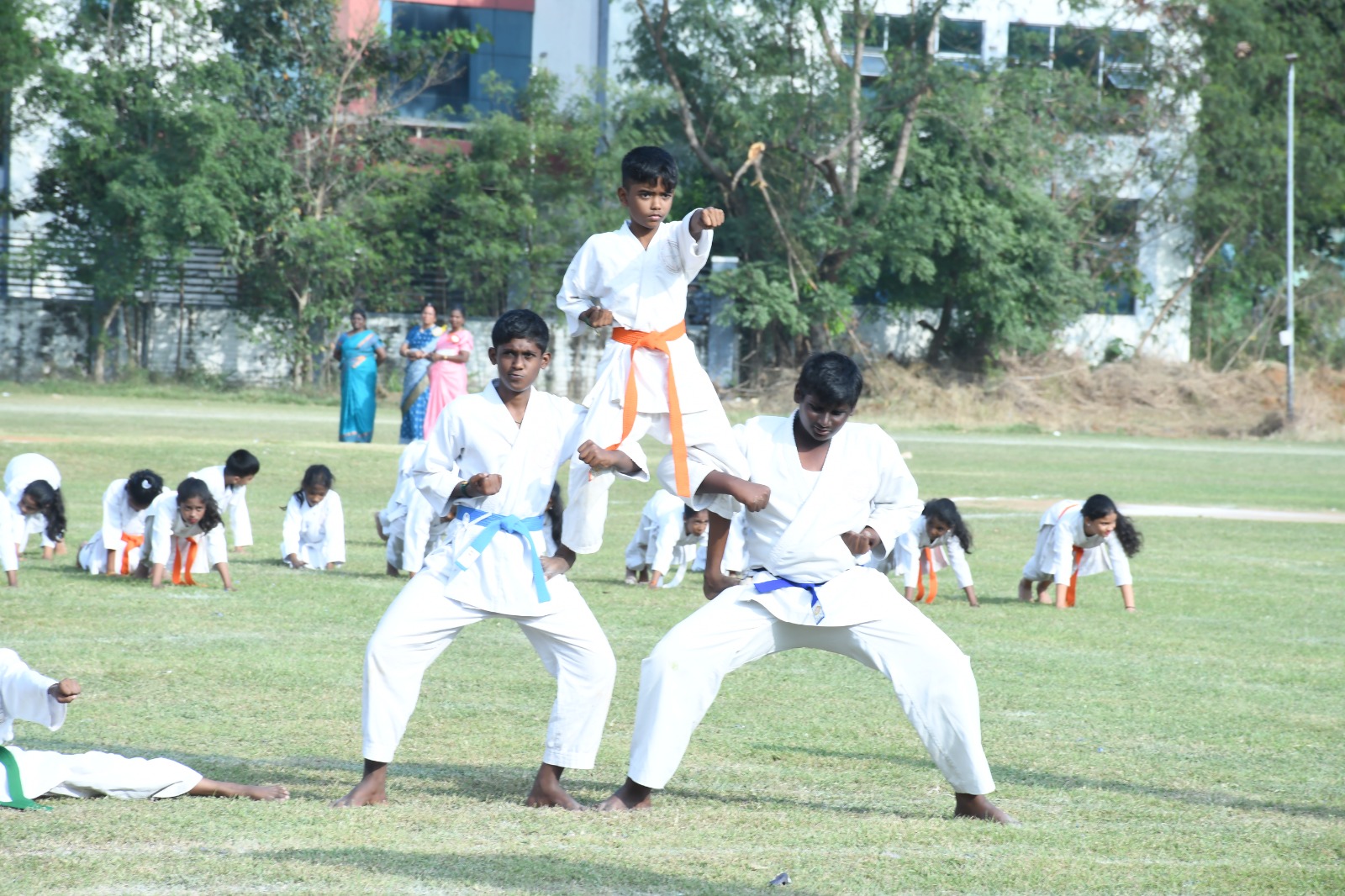 Students demonstrating karate and self-defense skills