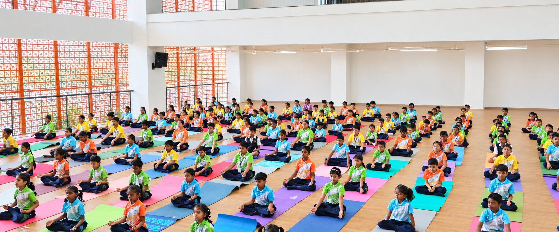Students performing mass yoga postures for fitness and well-being